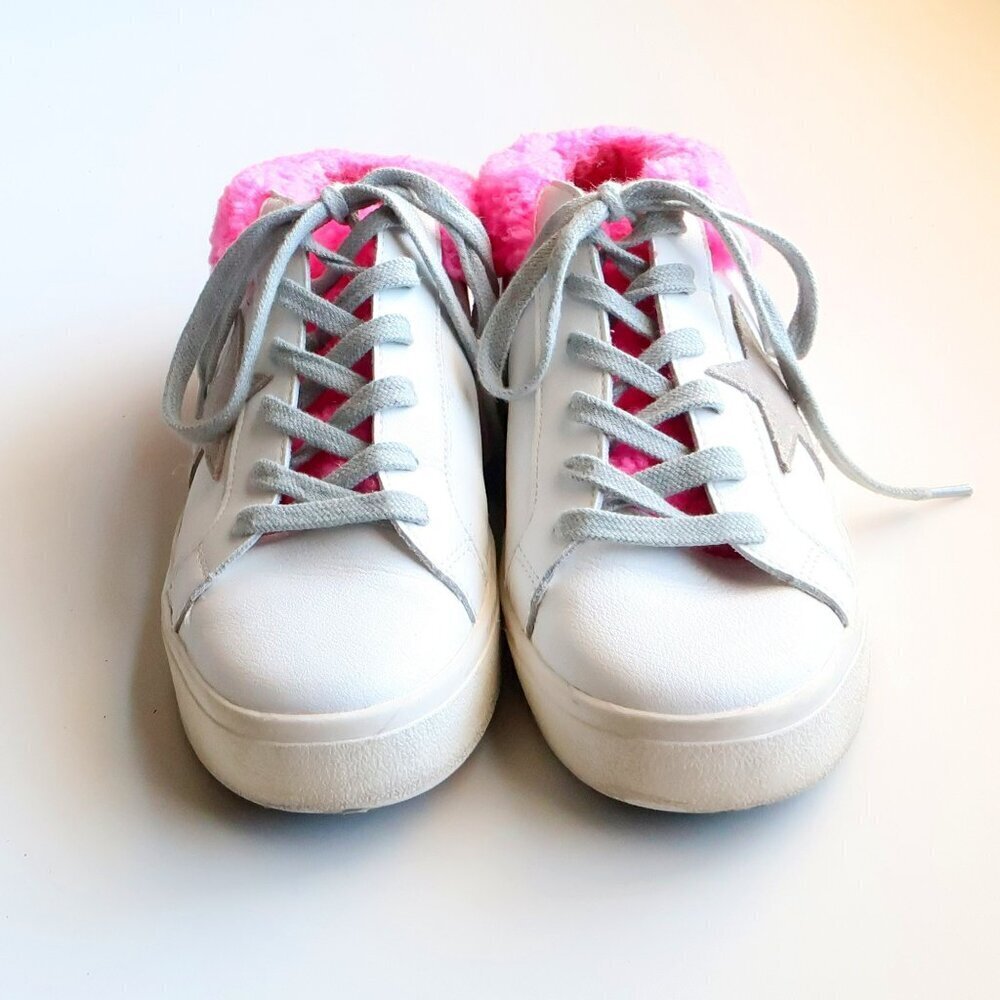 Steve Madden Polaris White Leather & Pink Sherpa Lace-up Star Sneakers Shoes 8 - Picture 5 of 16